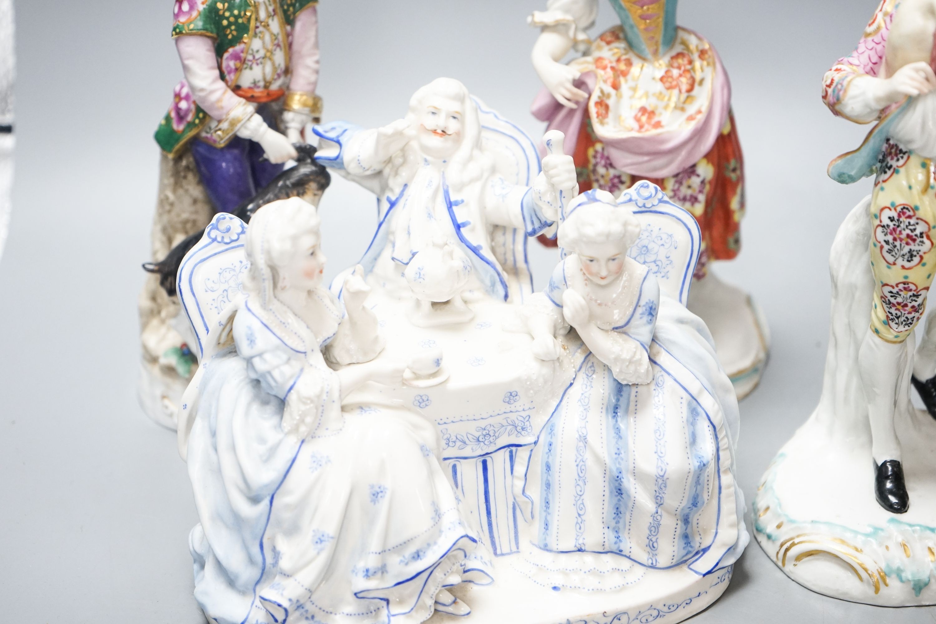 A Sitzendorf group of a Shepherd and shepherdess, three other Continental costume figures and a - Image 2 of 2