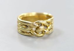 A Victorian yellow metal quadruple band knot ring, inscribed 'Joseph Massie August, 1883' size P/