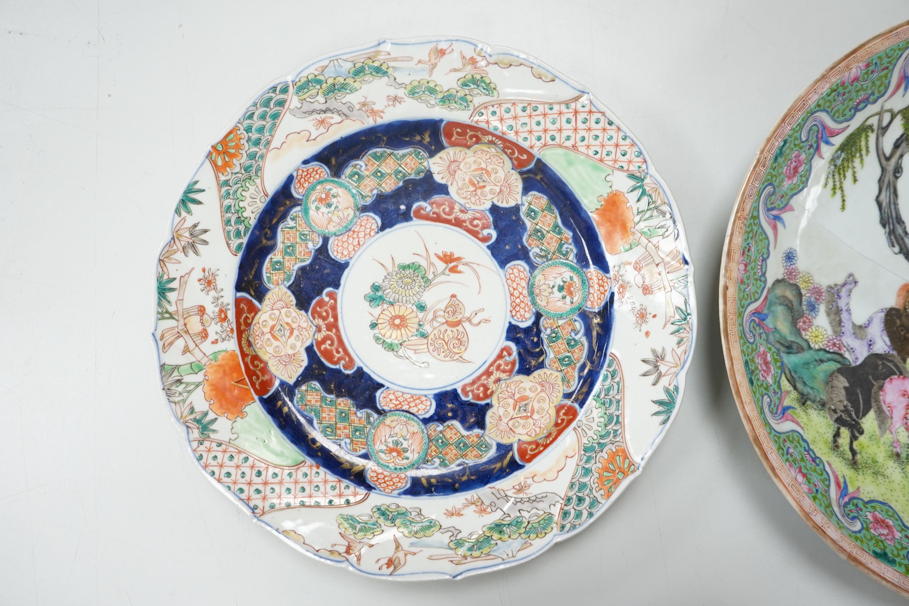 A 19th century Japanese Imari dish, 30cm and a damaged Chinese famille rose dish, 33.5cm34cm - Image 2 of 2