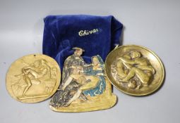 Three cast brass or bronze erotic plaques, largest 17.5cm