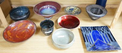 A group of studio pottery vases and dishes to include-a John Maguire flambé bowl, a David Jones raku