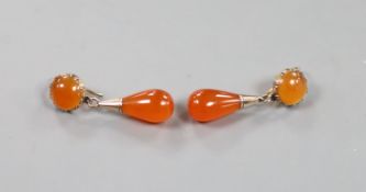 A pair of Edwardian yellow metal and two stone chalcedony set drop earrings, 33mm, gross weight 4.