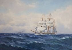 Samuel John Milton Brown (1873-1965), watercolour, Clipper and steamer at sea, signed, 25 x 35cm