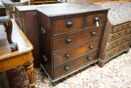 A 19th century Anglo Indian padouk two part chest with gadrooned decoration, width 96cm, depth 43cm,
