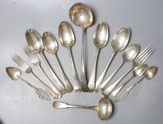 Twelve items of 18th century and later silver flatware, various dates, makers and patterns and two