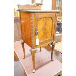 A Queen Anne style carved and figured mahogany bedside cabinet, width 40cm, depth 38cm, height 84cm