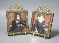 A pair of 19th century brass portrait miniatures on ivory of Henry V of France and Mary De Medici of