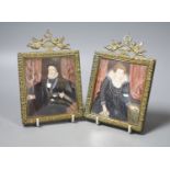 A pair of 19th century brass portrait miniatures on ivory of Henry V of France and Mary De Medici of