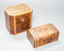A George III burr yew and harewood, tulipwood and boxwood strung tea caddy, of octagonal form, 12.