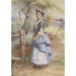 William Harris Weatherhead (1843-1903), watercolour, Young woman beside a stile, signed and dated