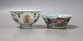 A Chinese cloisonne doucai bowl, 10.4cm and a famille rose dish