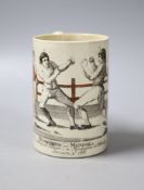 Boxing History- A late 18th century pearlware mug, depicting Humphreys v Mendoza, height 12cm
