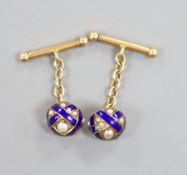 A pair of early 20th century yellow metal, blue enamel and split pearl set domed cufflinks (a.f.),