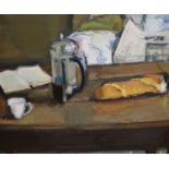 Nicholas Volley (1950-2006), oil on canvas, 'Coffee Pot and Newspapers', 76 x 92cm, unframed