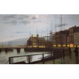 After Atkinson Grimshaw, oil on board, Harbour scene at twilight, bears signature, 46 x 70cm