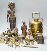 A group of Indian brass and wood figures and a Chinese wood figure