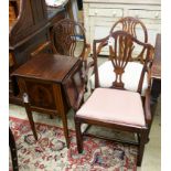 A pair of Hepplewhite style elbow chairs with oval backs, one other chair and a bedside commode