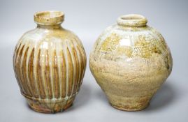 Mike Dodd (b.1943), a fluted globular stoneware vase and an ash glazed globular vase, tallest