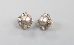 A pair of white metal, mabe pearl and old round and rose cut diamond cluster set ear studs, with 925