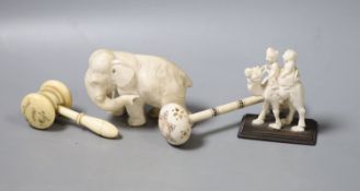 A Japanese Ivory okimono of an elephant, signed, an ivory gavel (incomplete) and two other Ivory