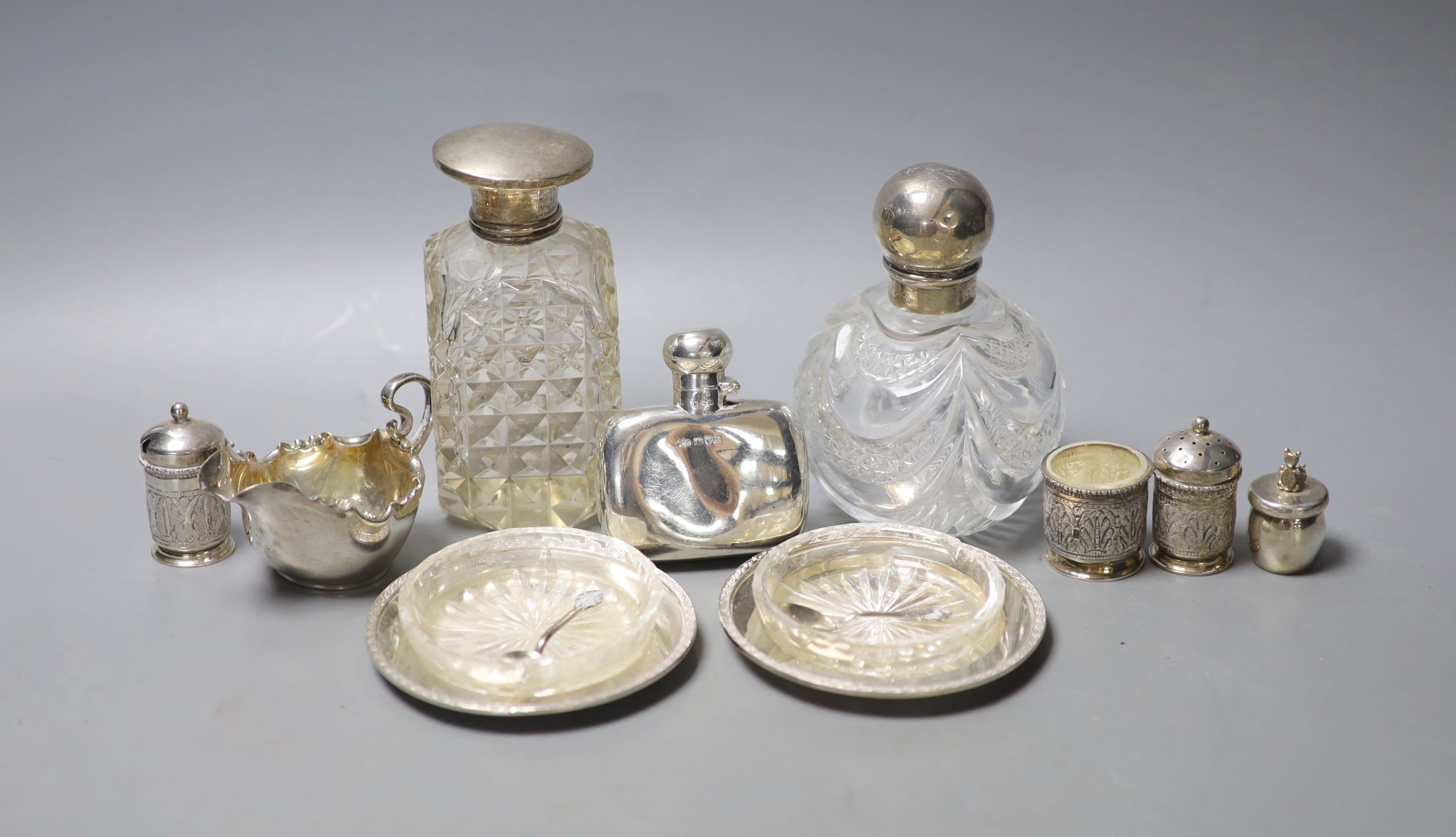 Mixed small silver including pair of silver dishes with glass liners, a silver hip flask, silver