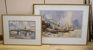 John Bryce (b. 1934), two watercolours, Southwark Bridge and St Paul's and Fishing boats, signed, 24