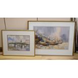 John Bryce (b. 1934), two watercolours, Southwark Bridge and St Paul's and Fishing boats, signed, 24