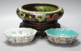 A large early 20th century Chinese cloisonné enamel ‘dragon’ bowl and two Chinese Tongzhi celadon