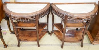 A pair of Chinese marble-topped demi lune console tables, width 82cm, depth 40cm, height 80cm