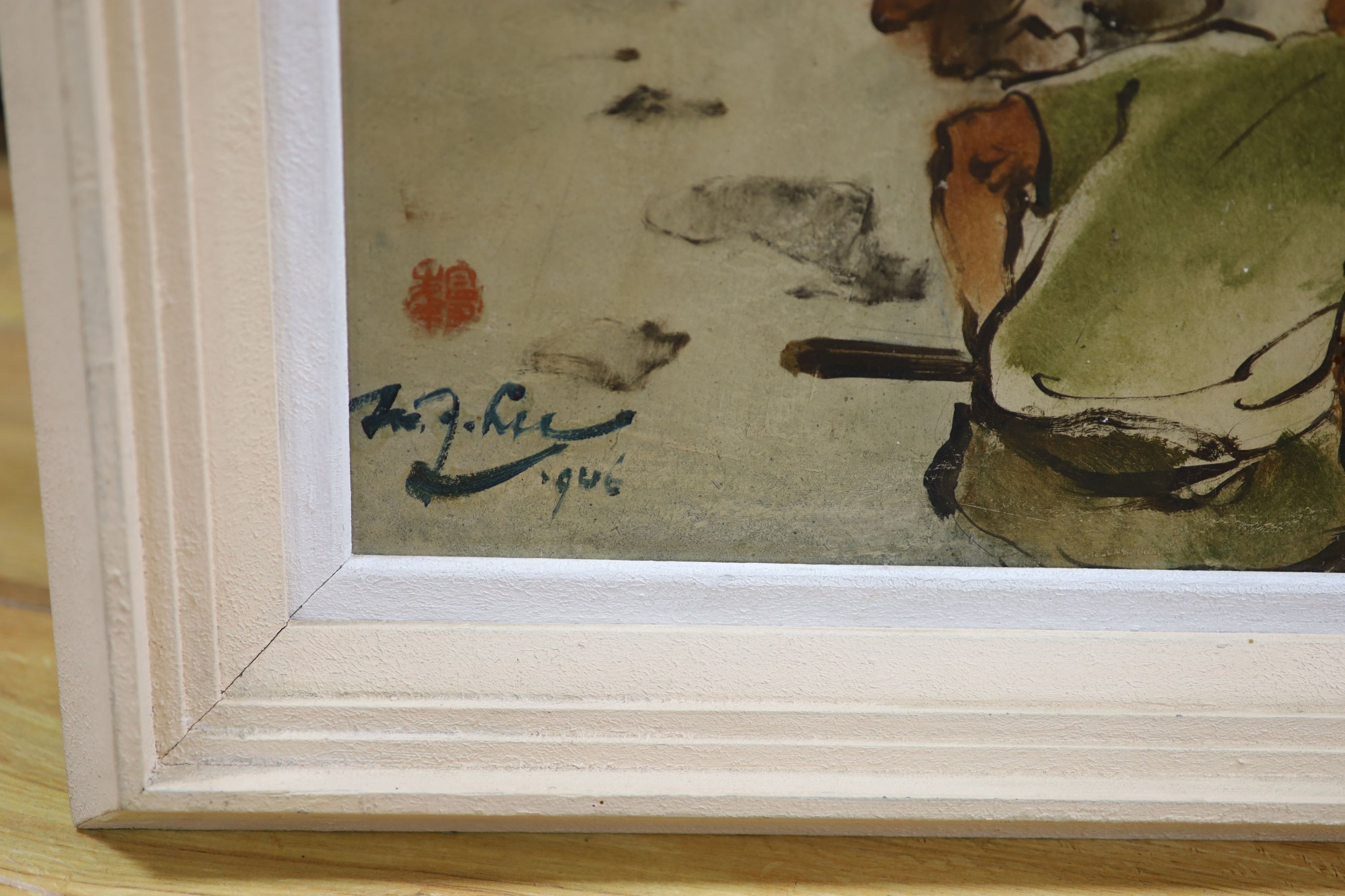 M.J. Lee, mixed media on board, Japanese Prisoners of War, signed and dated 1946, 58 x 66cm - Image 3 of 3