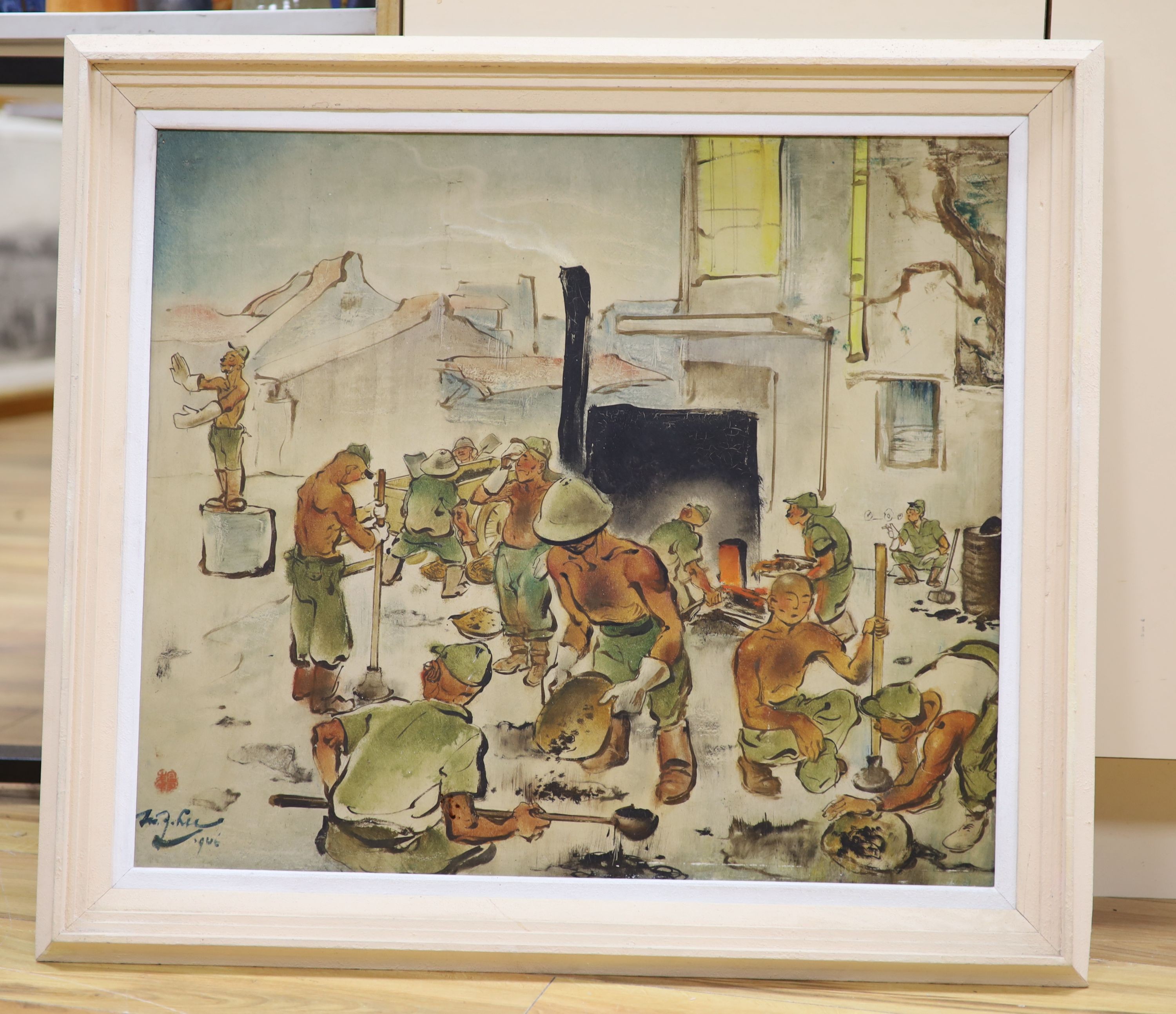 M.J. Lee, mixed media on board, Japanese Prisoners of War, signed and dated 1946, 58 x 66cm - Image 2 of 3