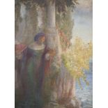 Italian School c.1900, oil on canvas, Woman holding a fan standing along the seashore,