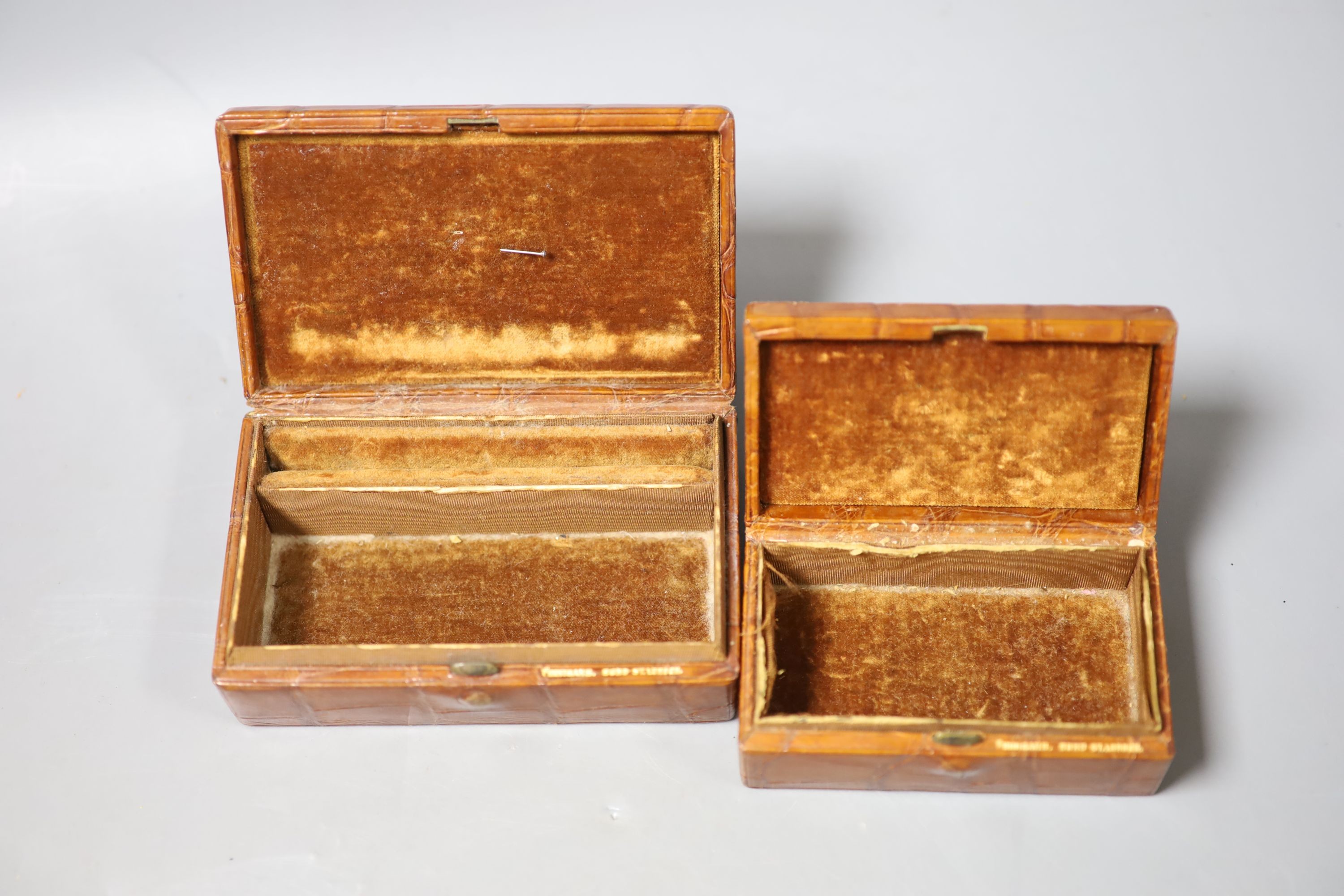 Five assorted boxes including two crocodile skin boxes by Finnigans, early 20th century, largest - Image 3 of 3