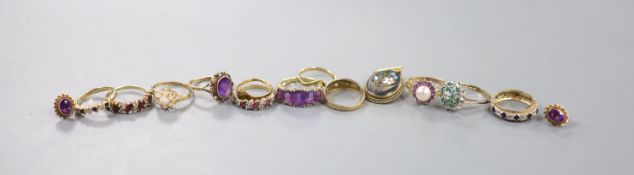 Twelve assorted modern mainly 9ct gold and gem set dress ring, a pair of 9ct and gem set earrings