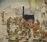 M.J. Lee, mixed media on board, Japanese Prisoners of War, signed and dated 1946, 58 x 66cm
