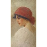 Indistinctly signed oil on wood panel - Girl with red scarf (unframed)29x17cm