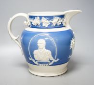 An early 19th century Wellington & Blucher commemorative peace & plenty jasper ware style jug19cm