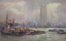 Pat Jobson (Wapping Group), pastel, Canary Wharf, label verso, 30 x 46cm