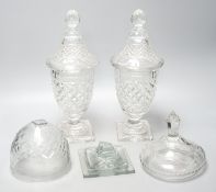 A pair of 19th/20th century cut glass sweetmeat jars and covers, H 33cm, and another (a.f.)