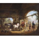 After Wouwermans, oil on canvas, Hawking party in a stables, 50 x 60cm