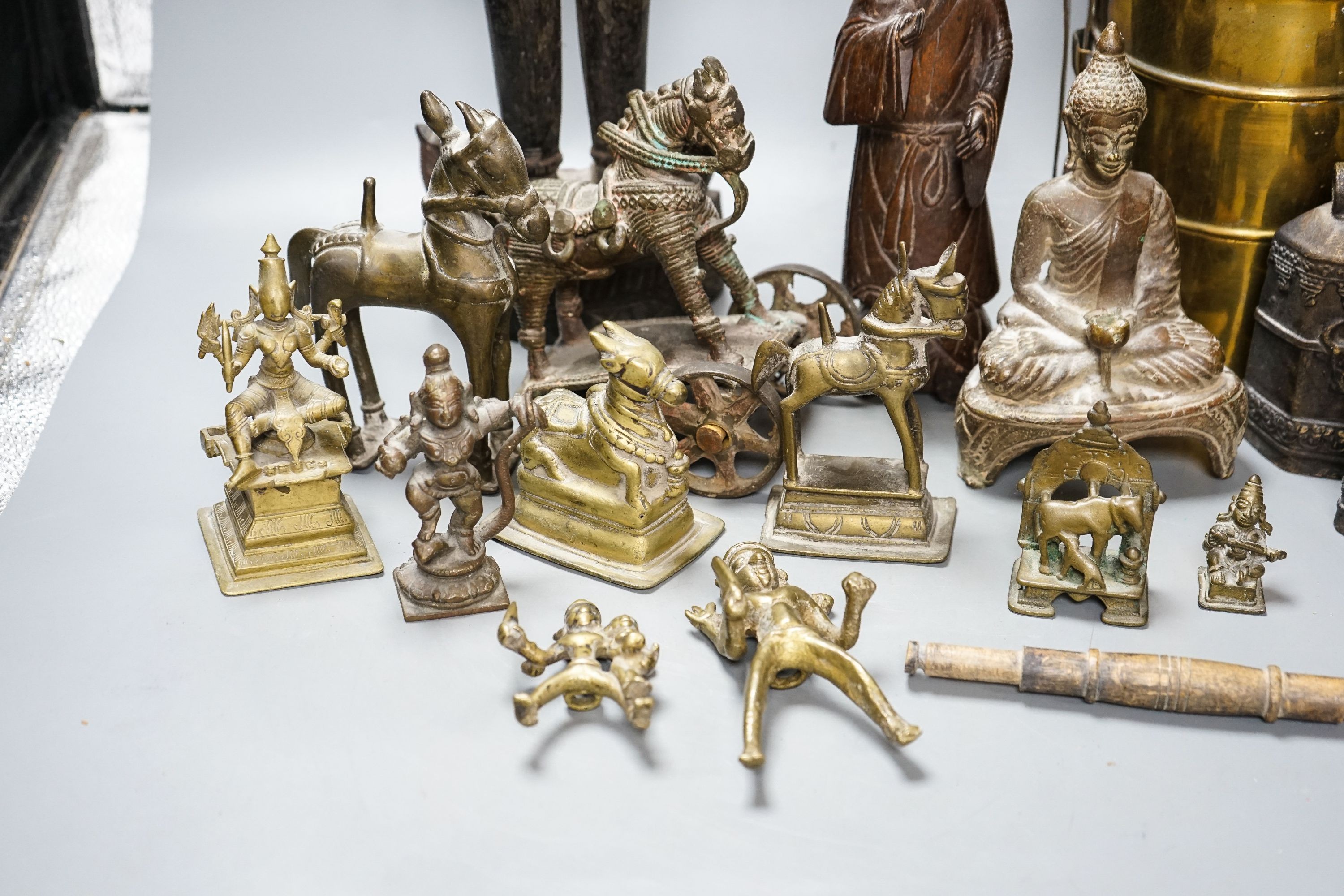 A group of Indian brass and wood figures and a Chinese wood figure - Image 2 of 2