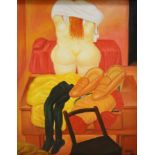 After Botero, oil on board, Woman undressing, bears signature, 48 x 38cm