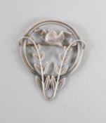 A Georg Jensen sterling robin and frond shaped circular brooch, no. 258, 43mm.