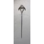 A 19th century French silver plated game skewer by Sabatier, with twin bird terminal, 27cm.