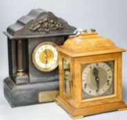 A walnut cased chiming bracket clock together with a slate mantle clock37cm