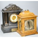 A walnut cased chiming bracket clock together with a slate mantle clock37cm