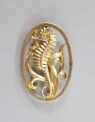 A Georg Jensen style 9ct gold seahorse oval brooch, GT. Ltd, Birmingham, 1959, 43m, 14 grams.