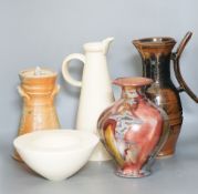 Studio pottery - a Duncan Beattie large stoneware jug, a Trevor Chaplin stoneware lidded jar, an