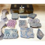 A mixed group of Indian fabric printing blocks and a Chinese wood box, 40.5cm