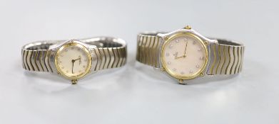 A lady's and gentleman's stainless steel and gold plated Ebel quartz wrist watches, with mother of